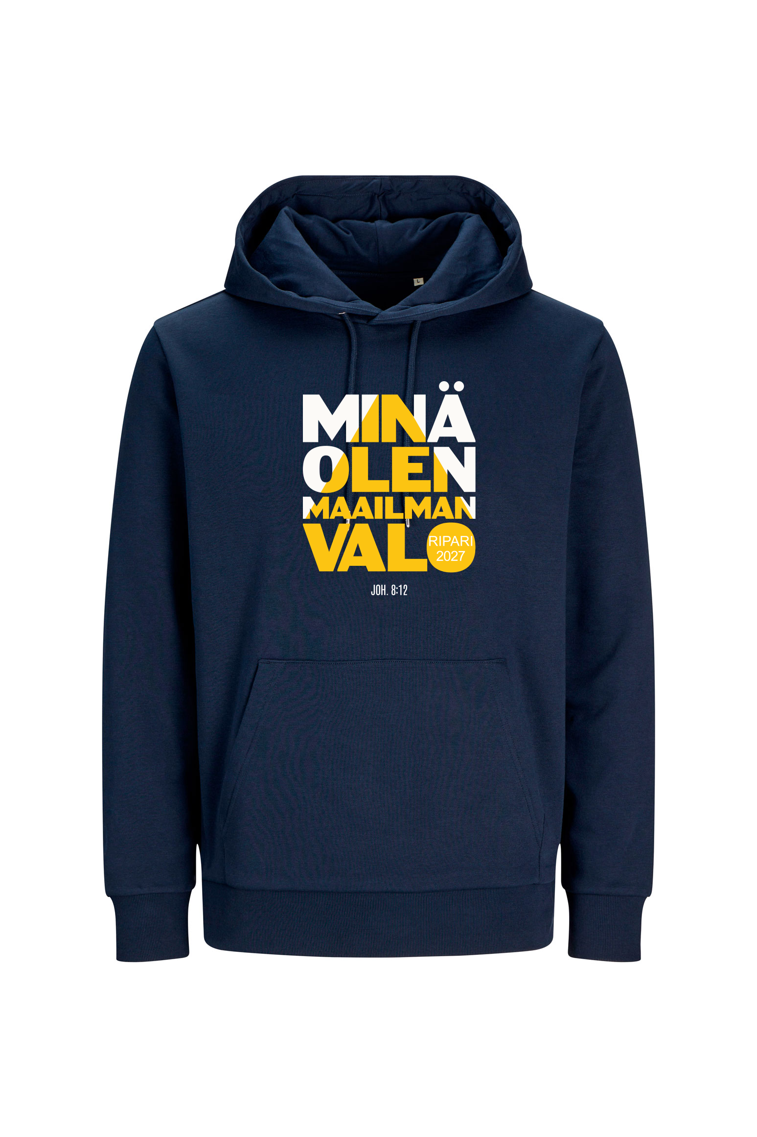 Tummansininen Minä olen maailman valo -huppari, jossa valkoinen ja keltainen Ripari 2027 -painatus.